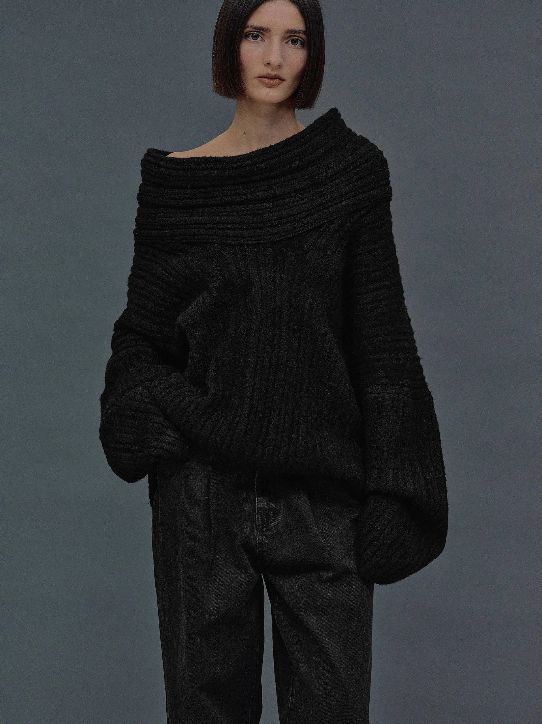 Accessories-Source Unknown Becca Oversized High Roll Knit Pullover, Black