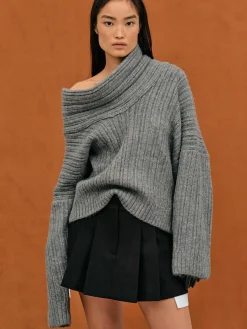 Accessories-Source Unknown Becca Oversized High Roll Knit Pullover, Storm Grey