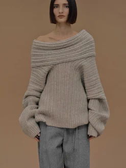 Accessories-Source Unknown Becca Oversized High Roll Knit Pullover, Coconut