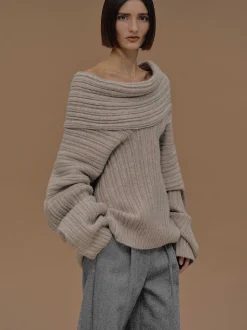 Accessories-Source Unknown Becca Oversized High Roll Knit Pullover, Coconut