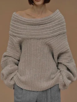 Accessories-Source Unknown Becca Oversized High Roll Knit Pullover, Coconut