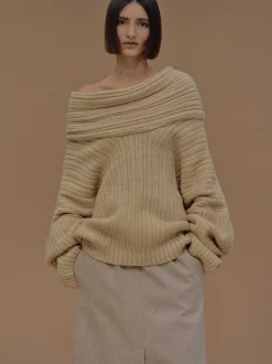 Accessories-Source Unknown Becca Oversized High Roll Knit Pullover, Butter