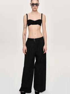 Clothing-Source Unknown Belted Suit Trousers, Black Stripe