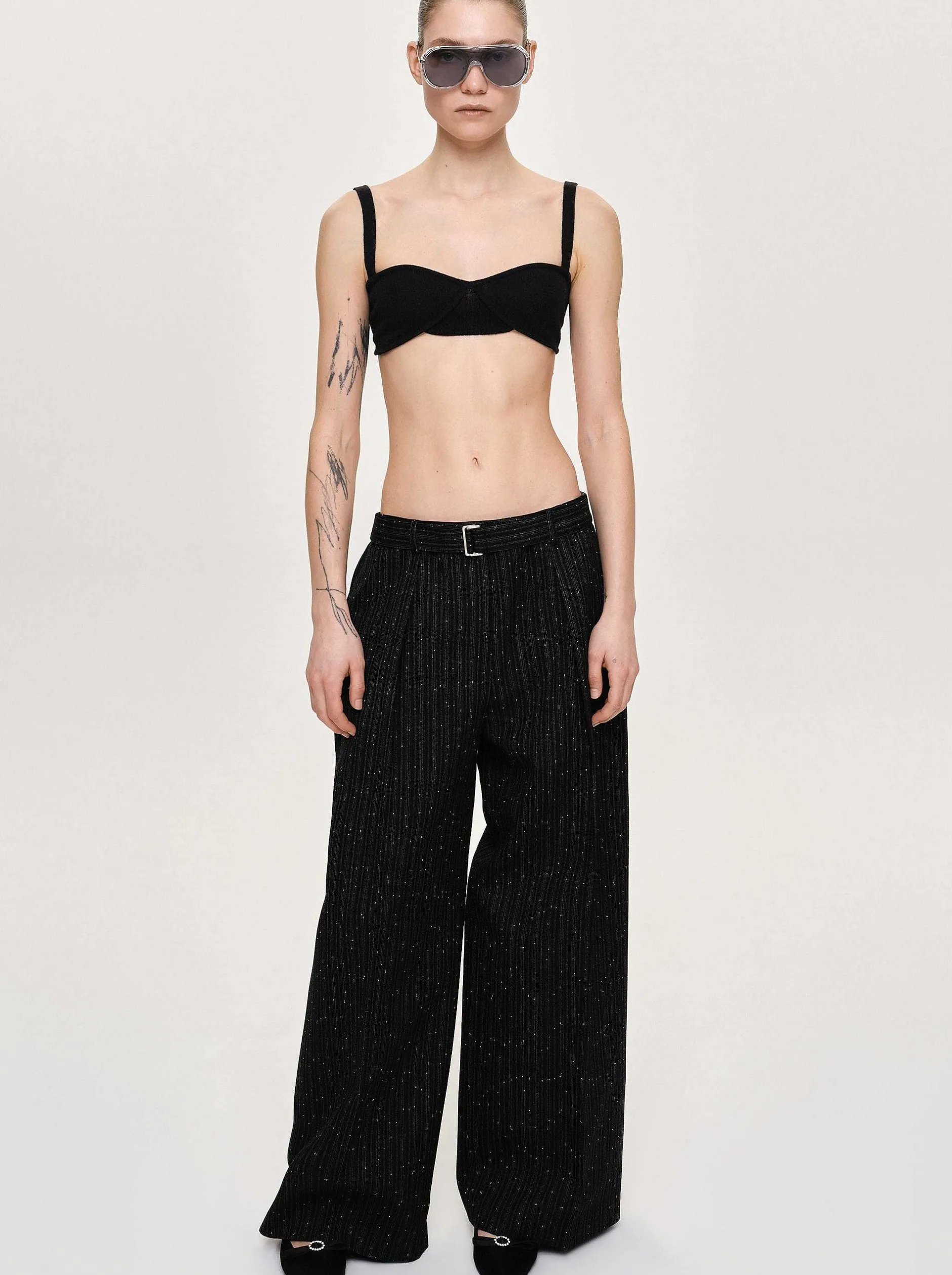 Clothing-Source Unknown Belted Suit Trousers, Black Stripe