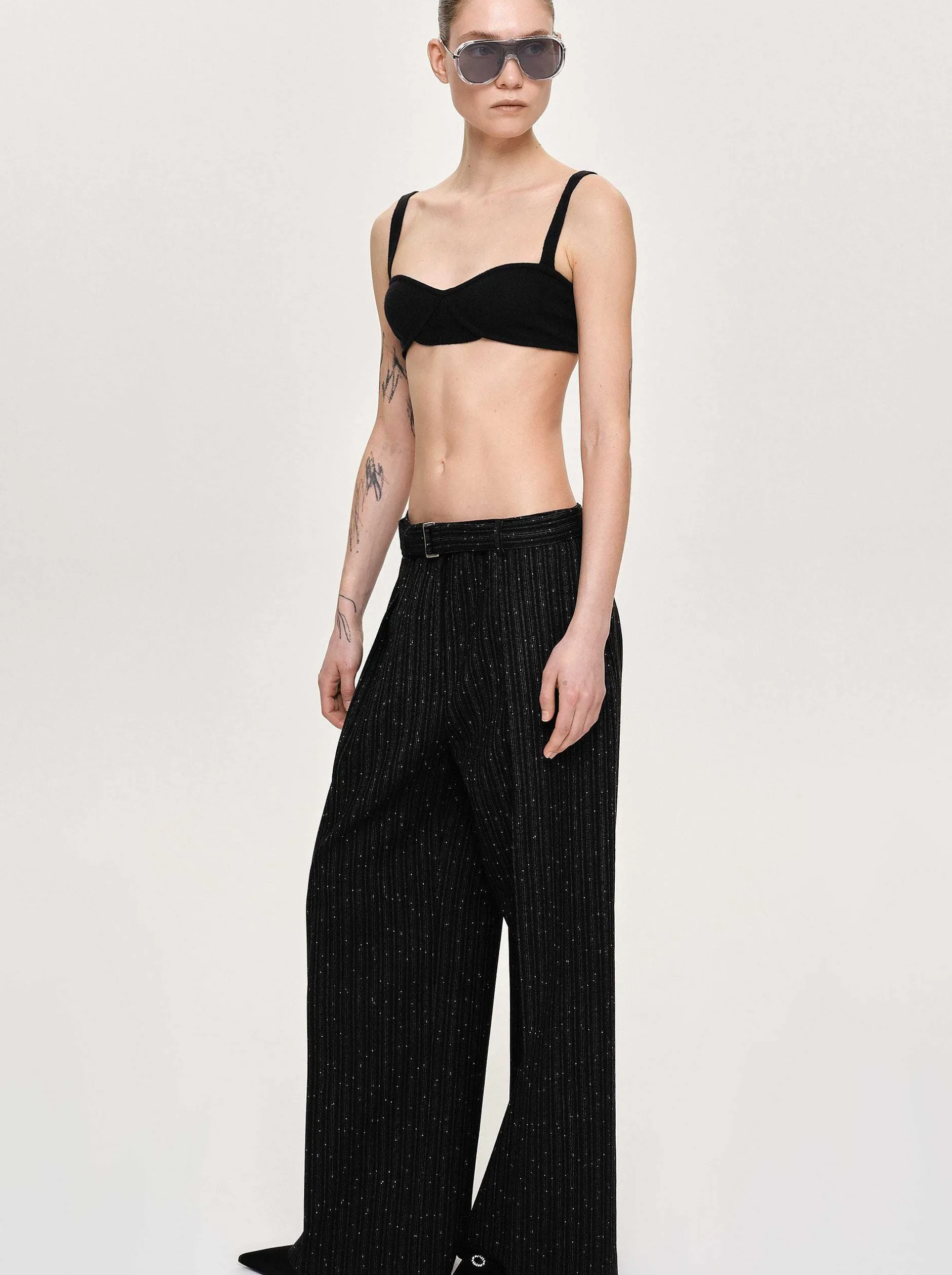 Bottoms-Source Unknown Belted Suit Trousers, Black Stripe