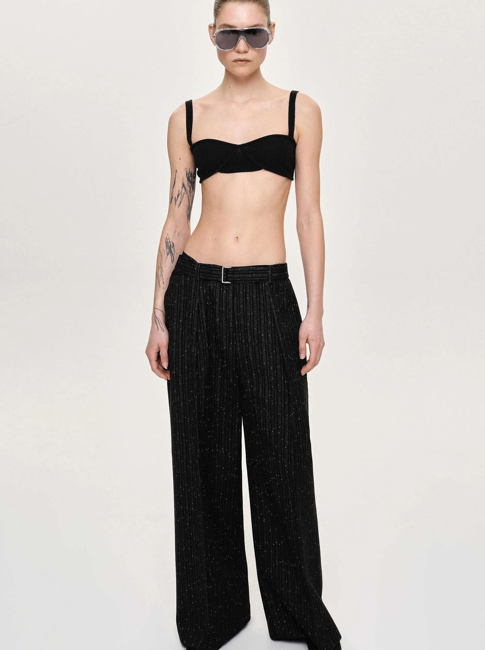 Bottoms-Source Unknown Belted Suit Trousers, Black Stripe