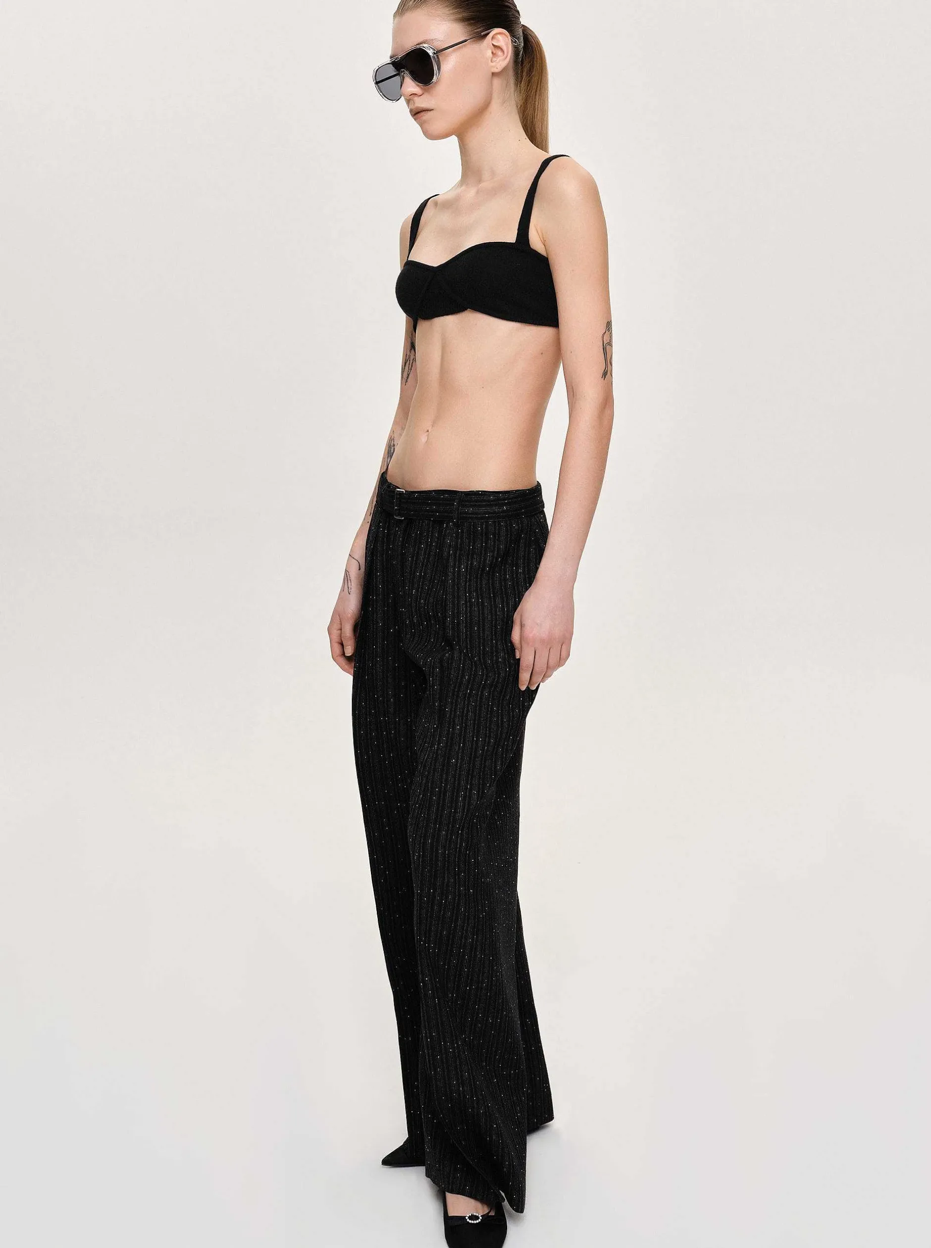 Bottoms-Source Unknown Belted Suit Trousers, Black Stripe