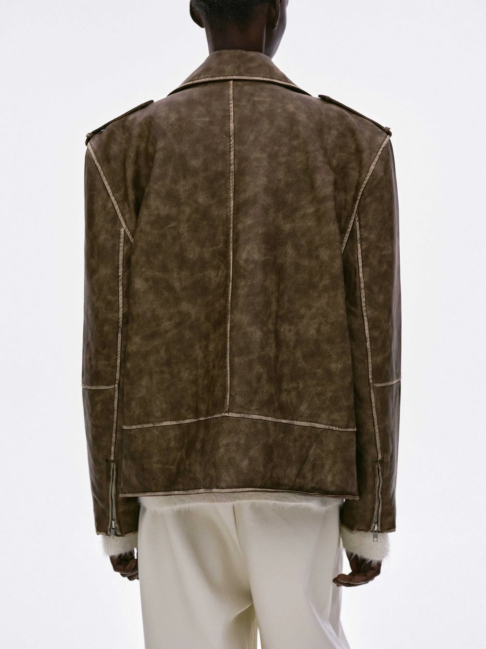 Accessories-Source Unknown Bianca Faux Leather Biker Jacket, Washed Brown
