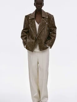 Accessories-Source Unknown Bianca Faux Leather Biker Jacket, Washed Brown