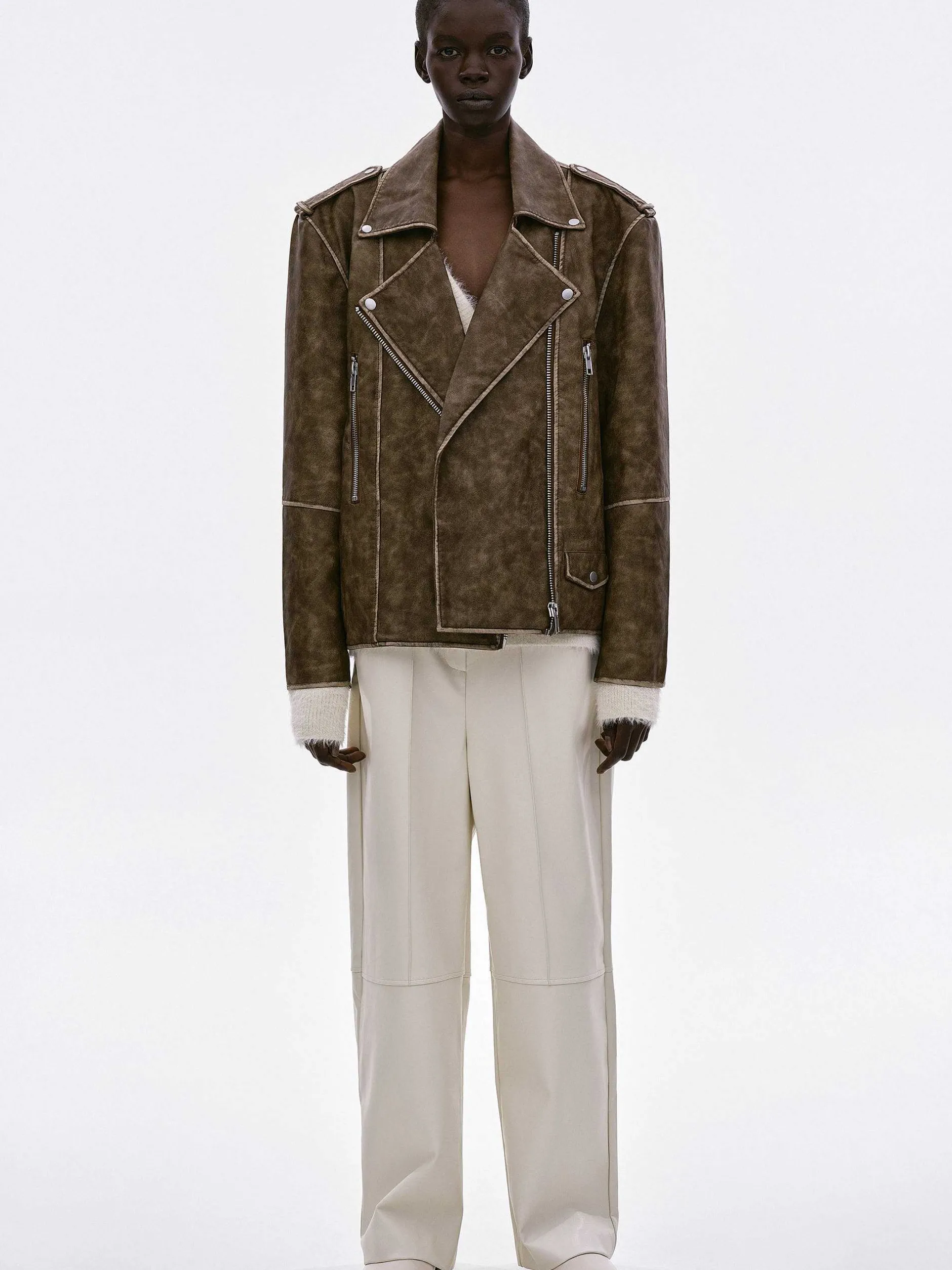 Accessories-Source Unknown Bianca Faux Leather Biker Jacket, Washed Brown