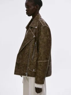 Accessories-Source Unknown Bianca Faux Leather Biker Jacket, Washed Brown