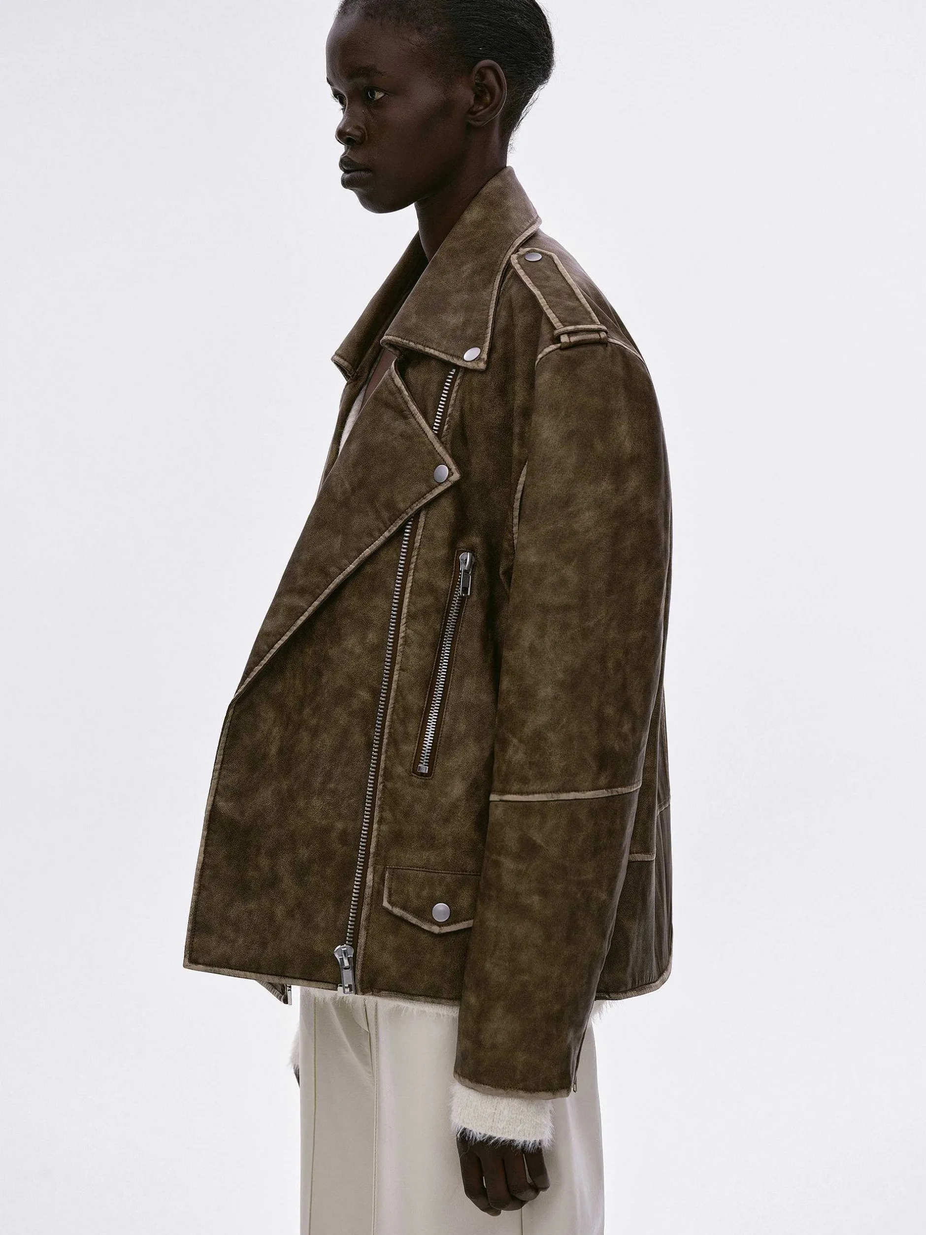 Accessories-Source Unknown Bianca Faux Leather Biker Jacket, Washed Brown
