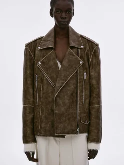 Accessories-Source Unknown Bianca Faux Leather Biker Jacket, Washed Brown