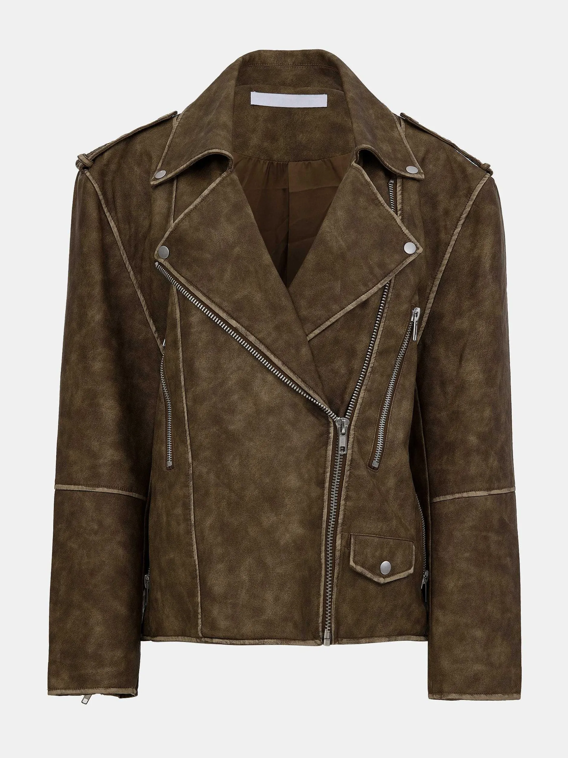 Accessories-Source Unknown Bianca Faux Leather Biker Jacket, Washed Brown