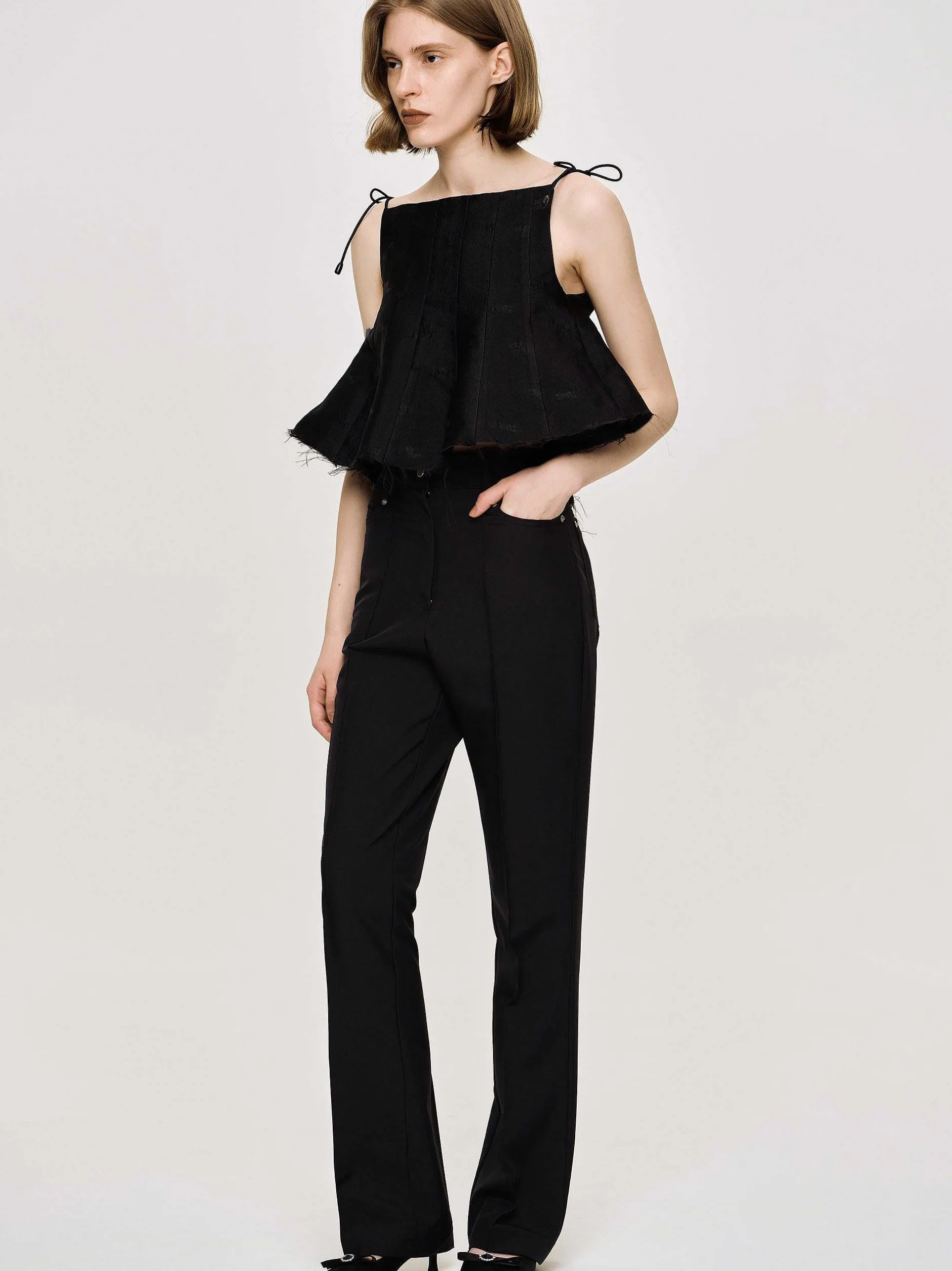 Bottoms-Source Unknown Creased Slim Trousers, Black