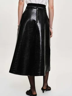 Clothing-Source Unknown Croc-Embossed Midi Skirt, Black