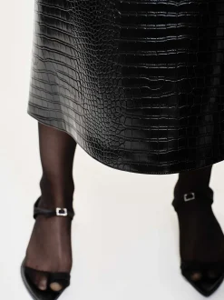 Clothing-Source Unknown Croc-Embossed Midi Skirt, Black