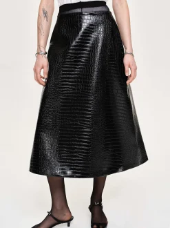 Bottoms-Source Unknown Croc-Embossed Midi Skirt, Black