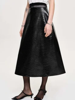 Bottoms-Source Unknown Croc-Embossed Midi Skirt, Black