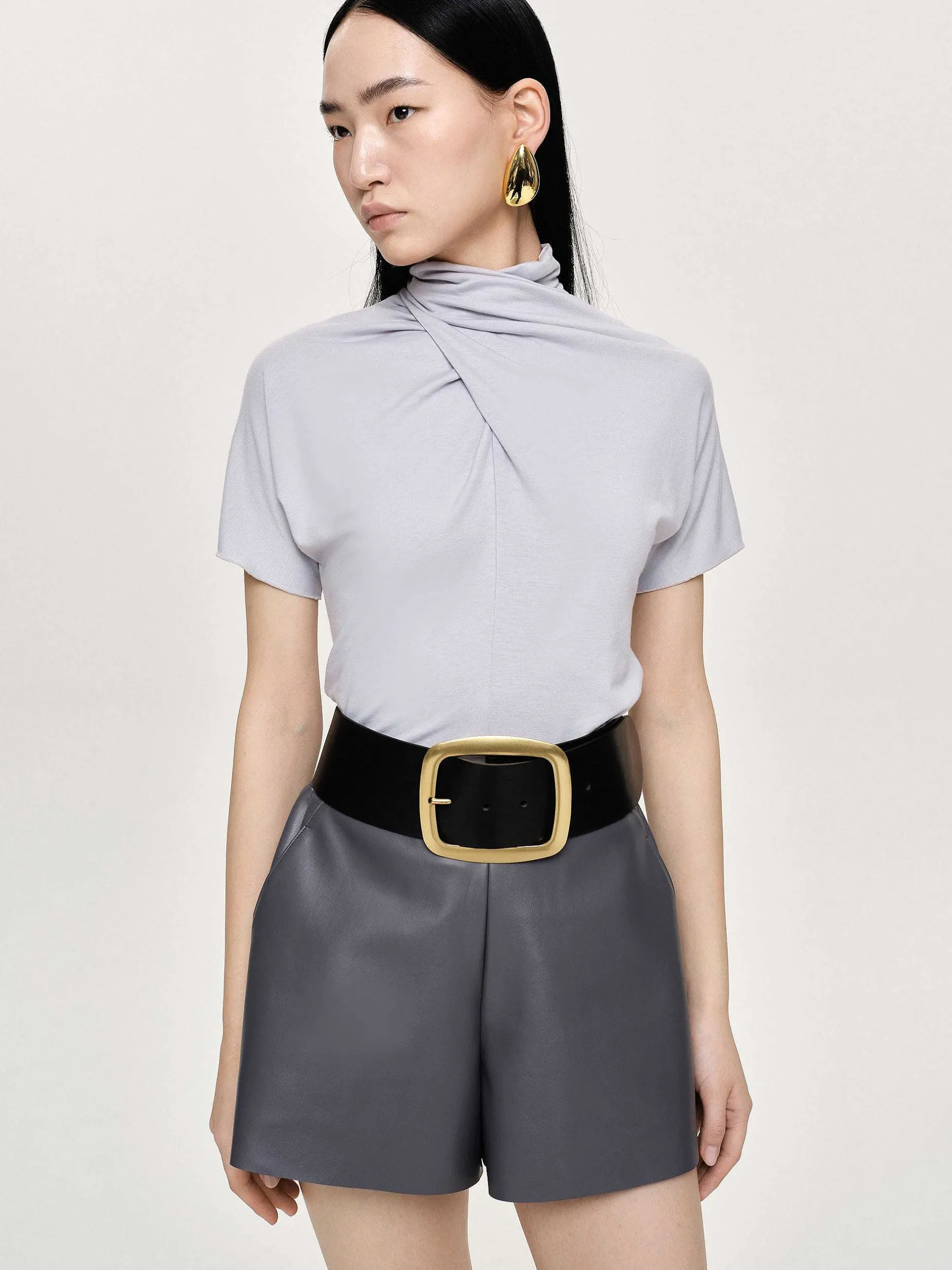 Tops-Source Unknown Daye Cross Neck T-Shirt, Mist Grey