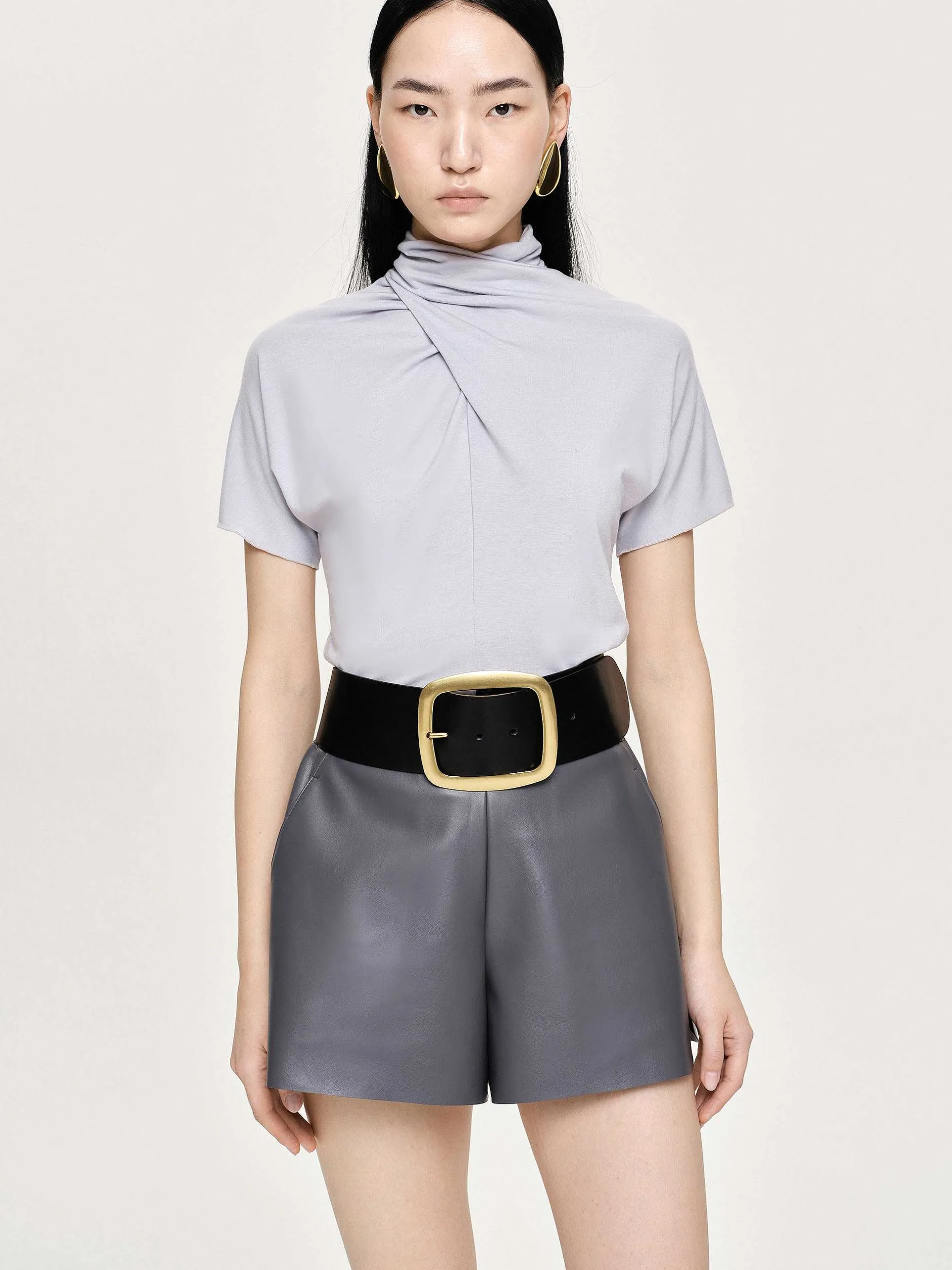 Tops-Source Unknown Daye Cross Neck T-Shirt, Mist Grey
