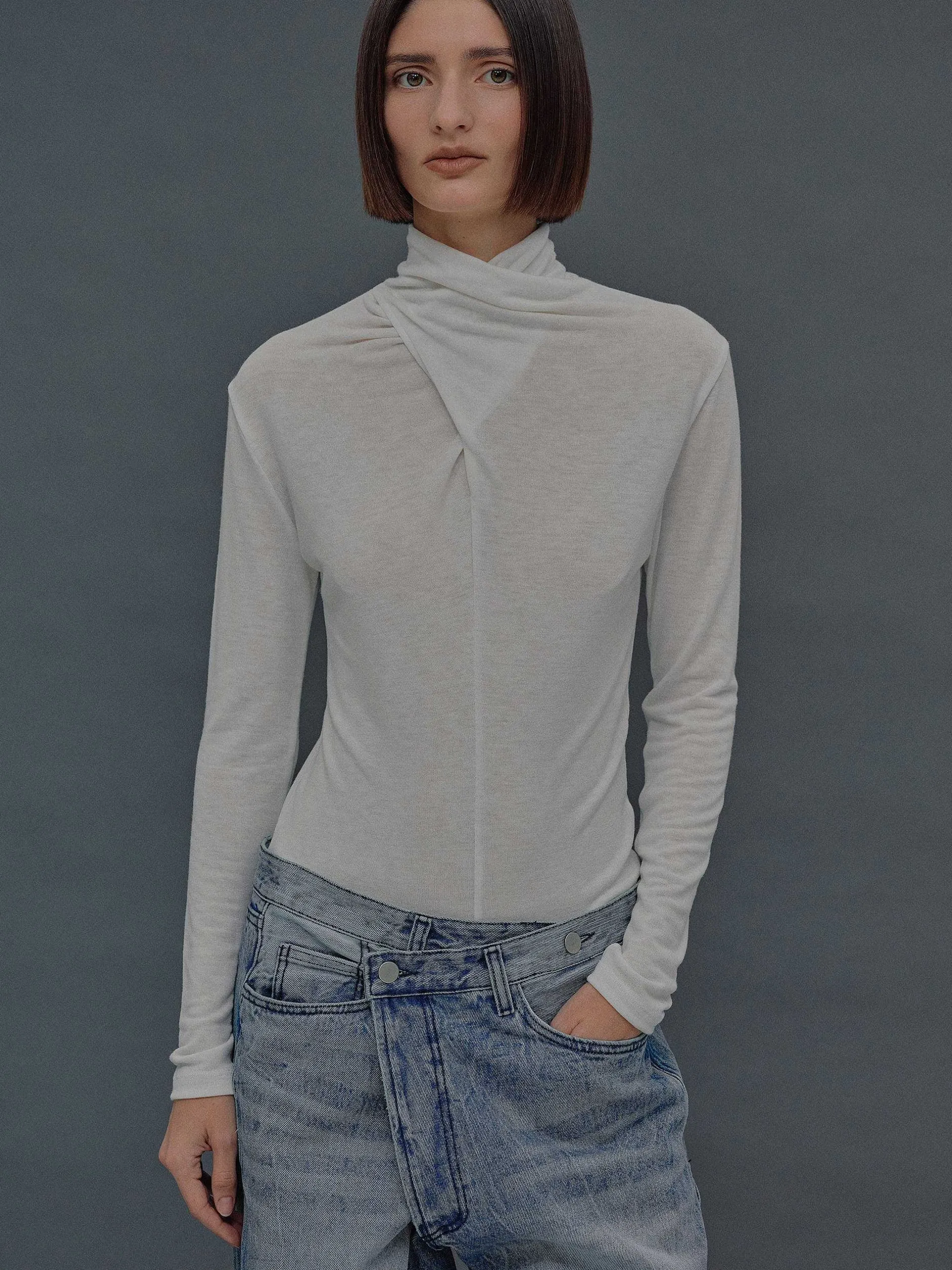 Tops-Source Unknown Daye Cross Neck Wool T-Shirt, White