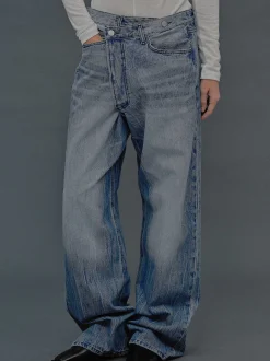 Clothing-Source Unknown Deconstructed Crossover Jeans, Medium Blue