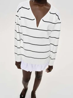 Clothing-Source Unknown Deep V-Neck Sweater, White Stripe
