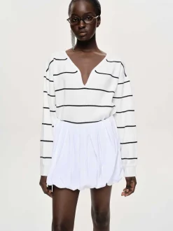Clothing-Source Unknown Deep V-Neck Sweater, White Stripe