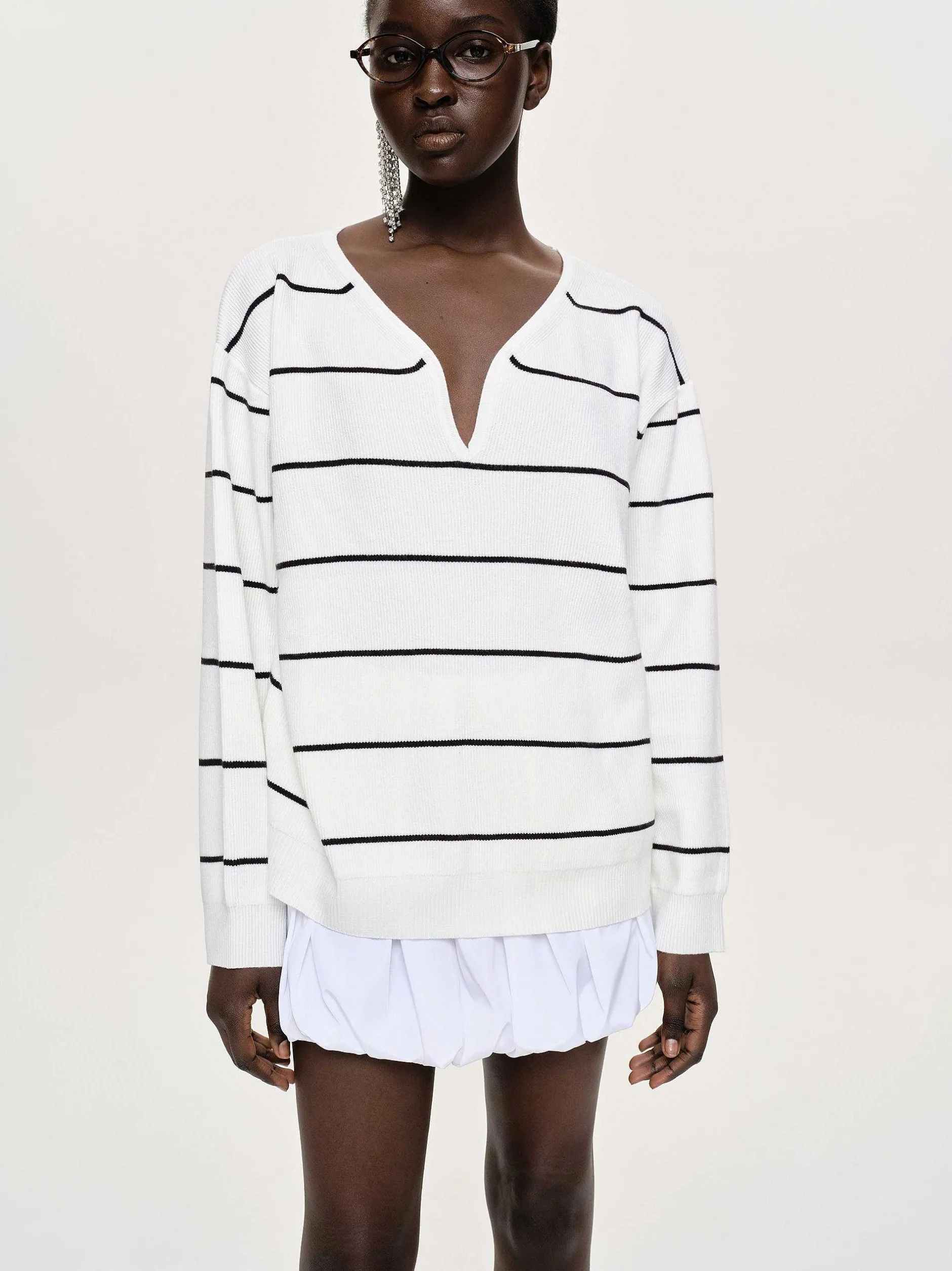 Clothing-Source Unknown Deep V-Neck Sweater, White Stripe