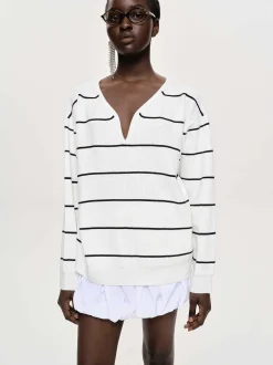 Knitwear-Source Unknown Deep V-Neck Sweater, White Stripe
