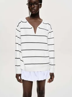 Knitwear-Source Unknown Deep V-Neck Sweater, White Stripe