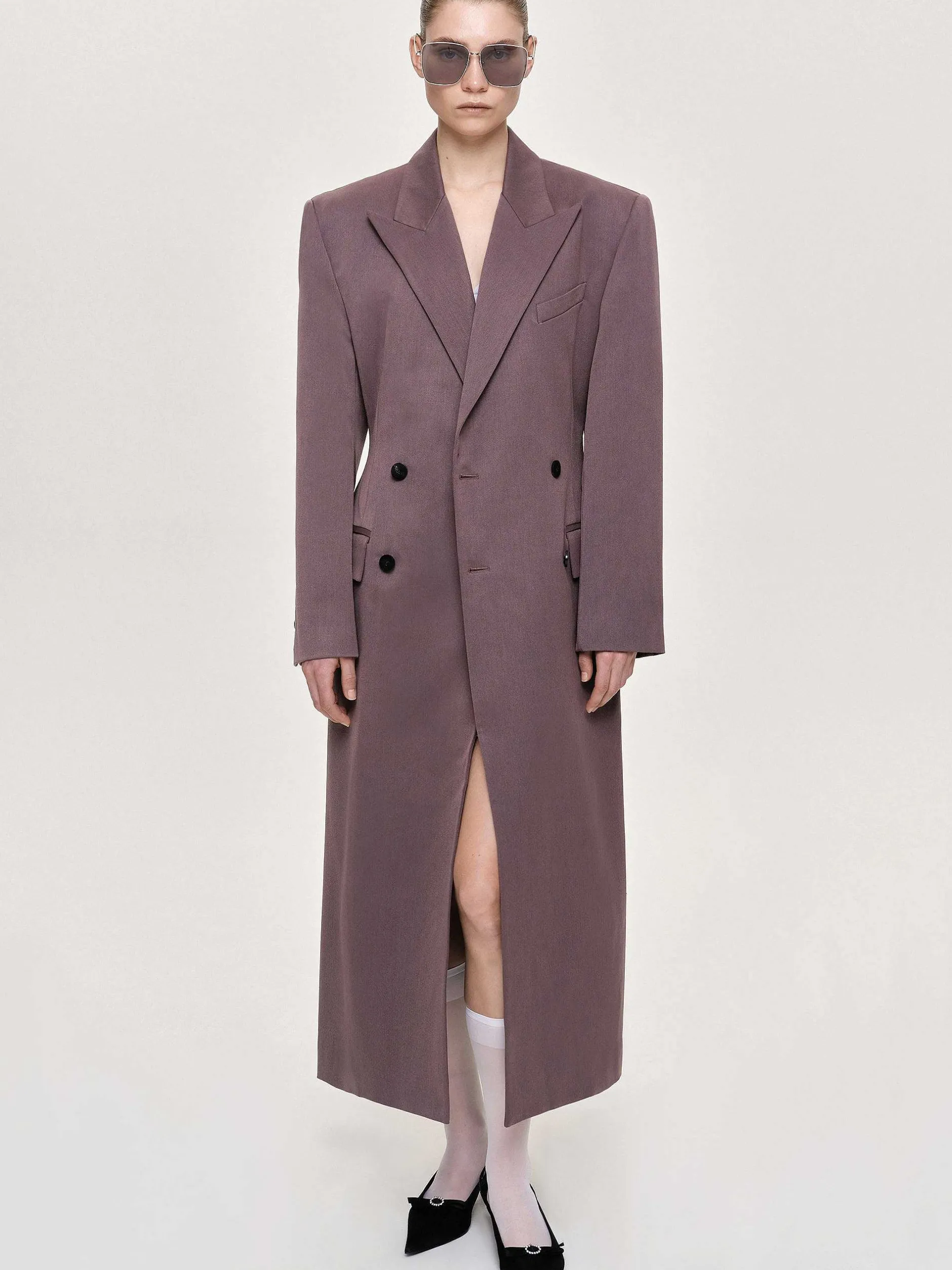 Outerwear-Source Unknown Delphina Long Hourglass Coat, Mauve Grey