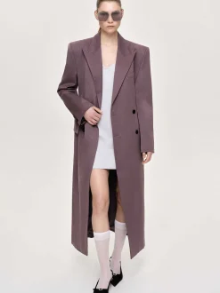 Outerwear-Source Unknown Delphina Long Hourglass Coat, Mauve Grey