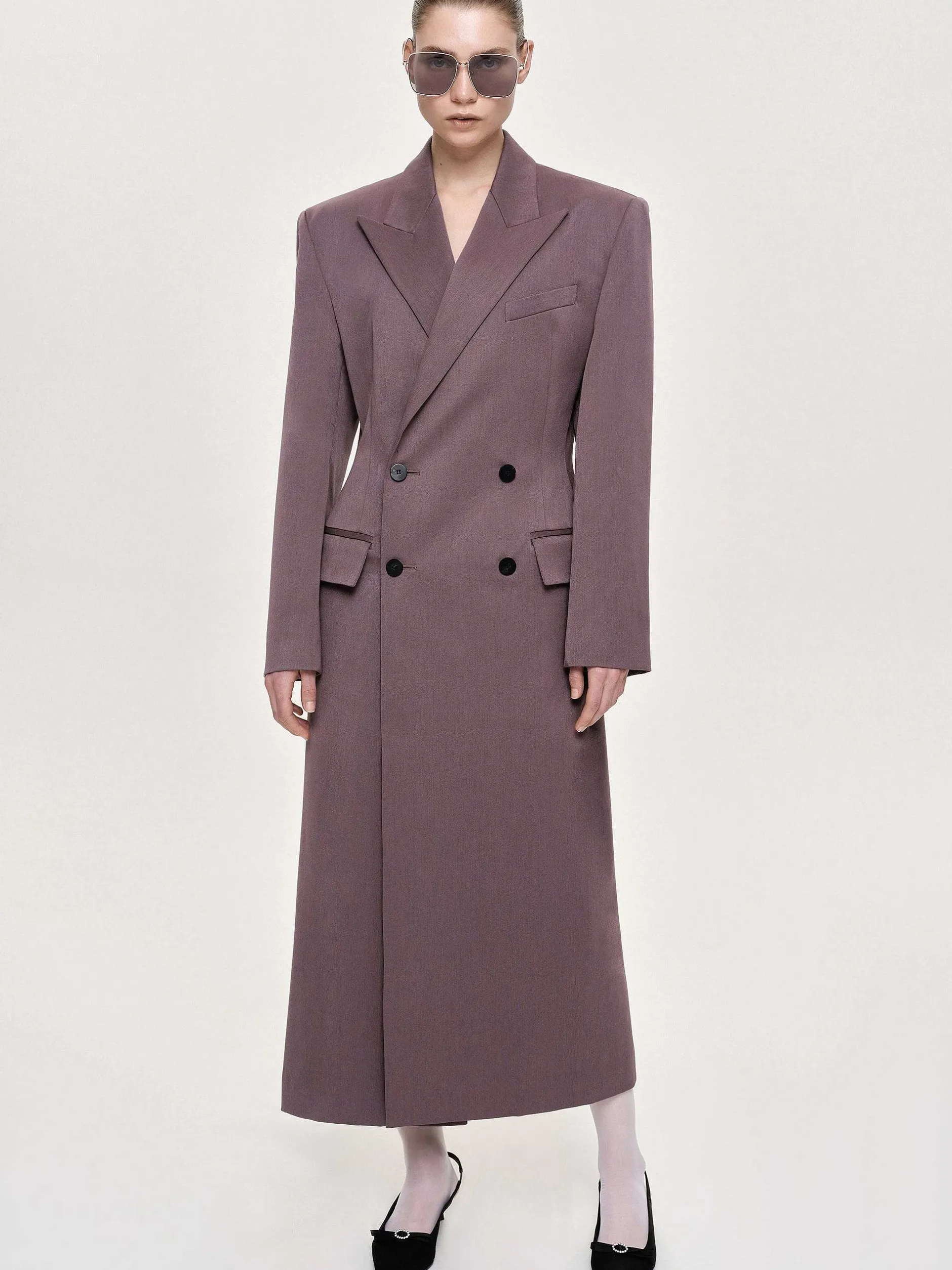 Outerwear-Source Unknown Delphina Long Hourglass Coat, Mauve Grey