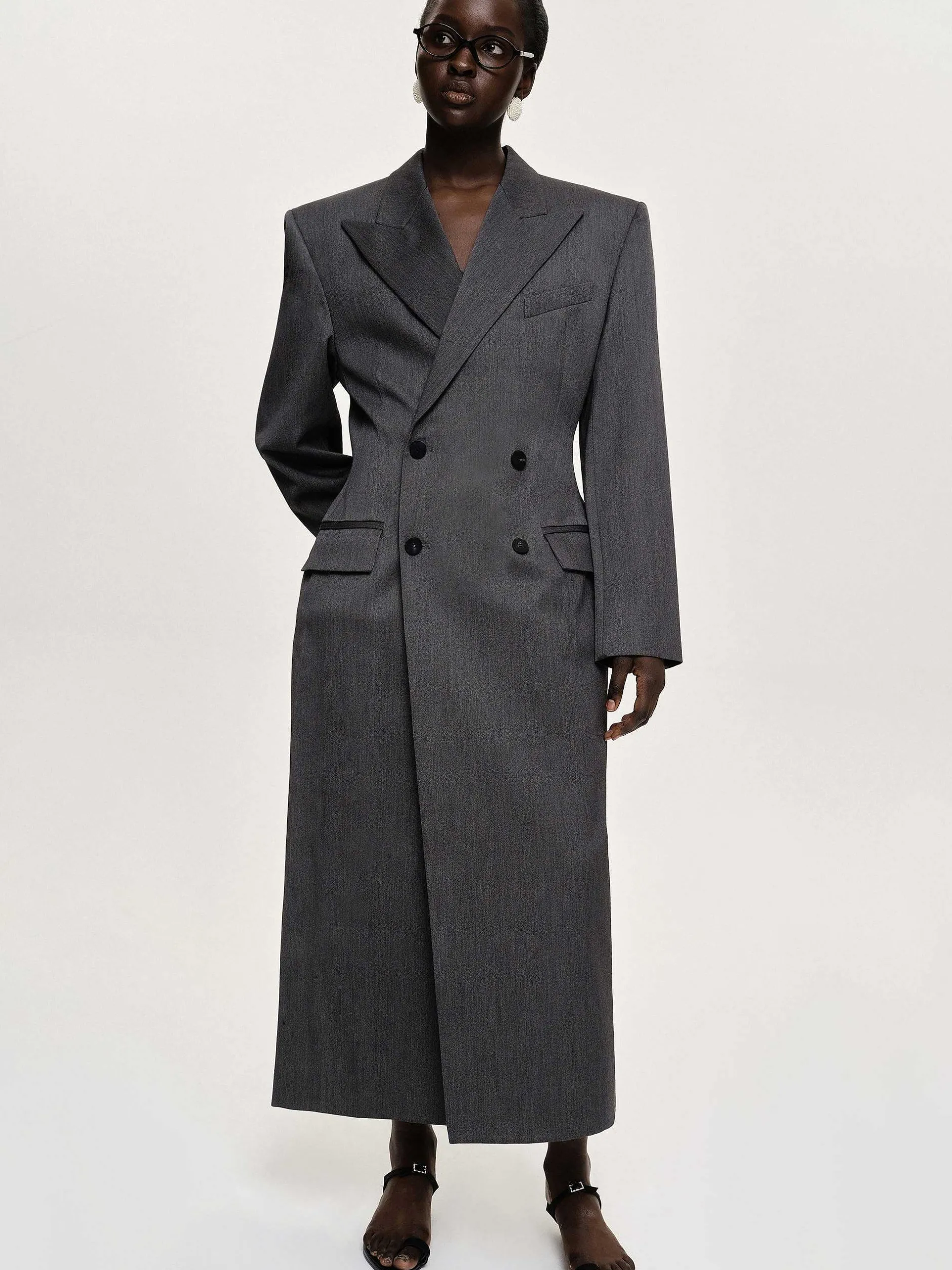Outerwear-Source Unknown Delphina Long Hourglass Coat, Charcoal