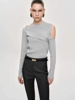 Clothing-Source Unknown Draped Cut-Out Knit, Taupe Gray