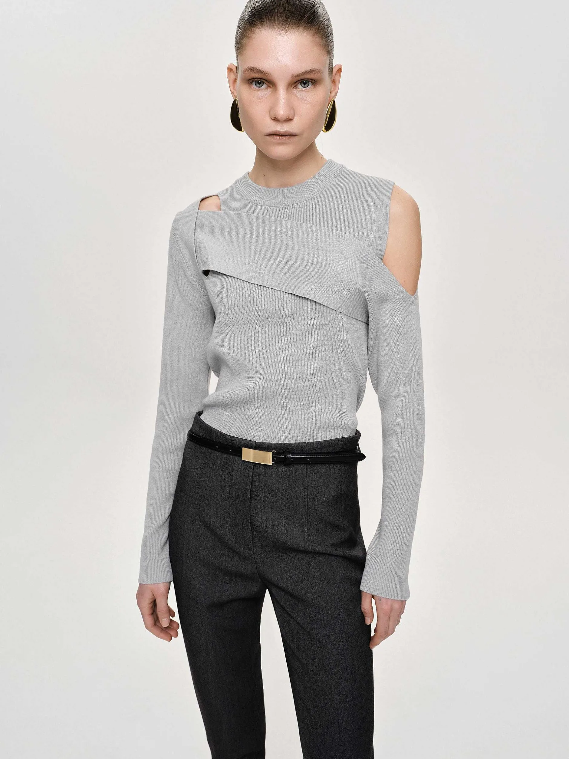 Clothing-Source Unknown Draped Cut-Out Knit, Taupe Gray