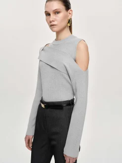 Clothing-Source Unknown Draped Cut-Out Knit, Taupe Gray