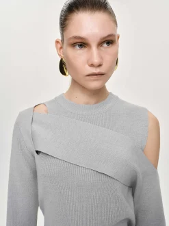 Clothing-Source Unknown Draped Cut-Out Knit, Taupe Gray