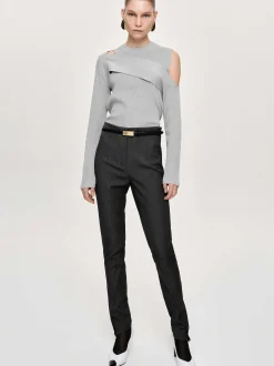 Knitwear-Source Unknown Draped Cut-Out Knit, Taupe Gray