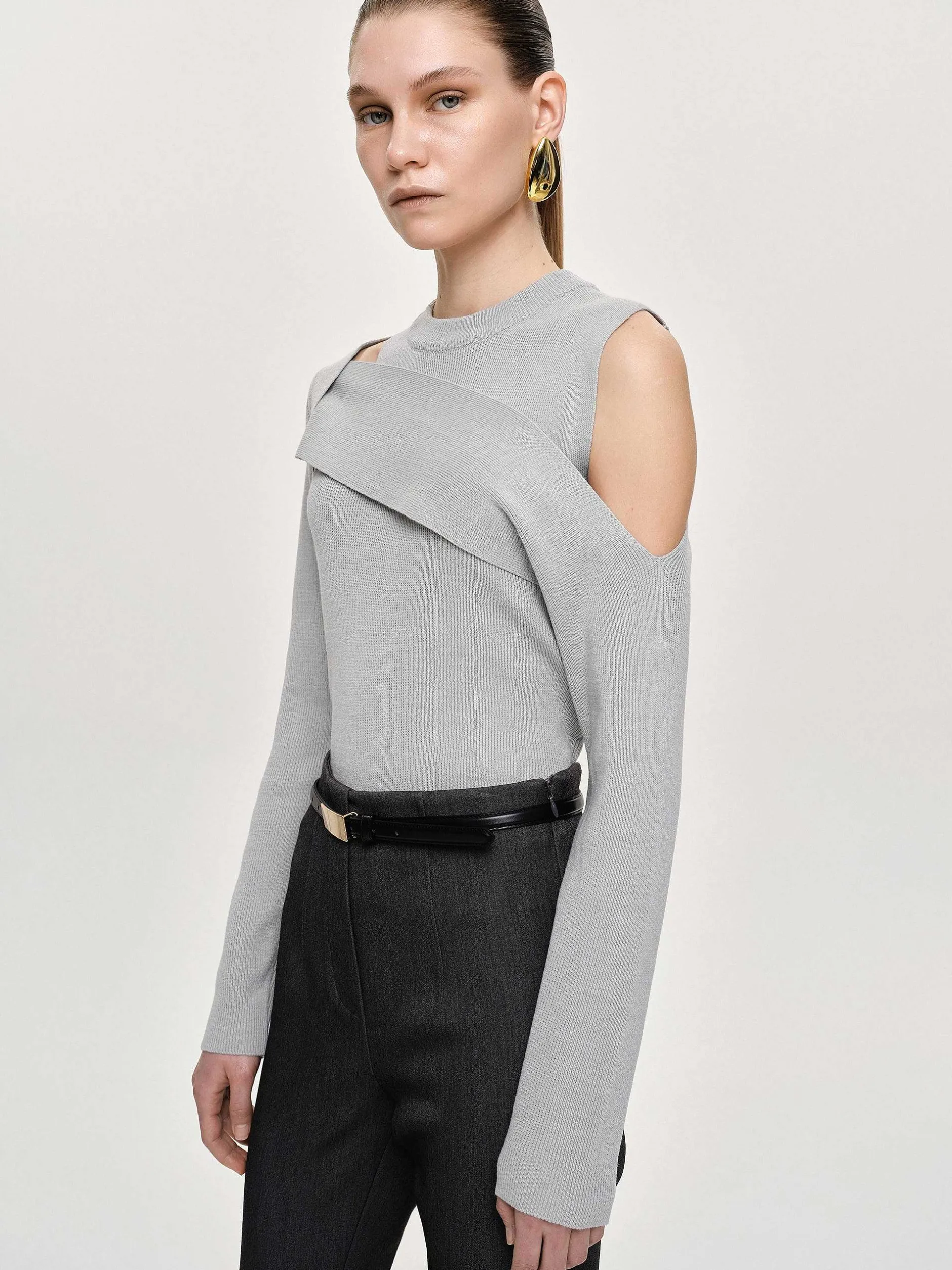 Knitwear-Source Unknown Draped Cut-Out Knit, Taupe Gray