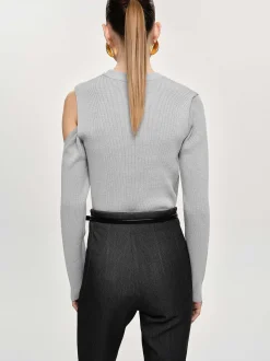 Knitwear-Source Unknown Draped Cut-Out Knit, Taupe Gray