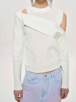 Knitwear-Source Unknown Draped Cut-Out Knit, White