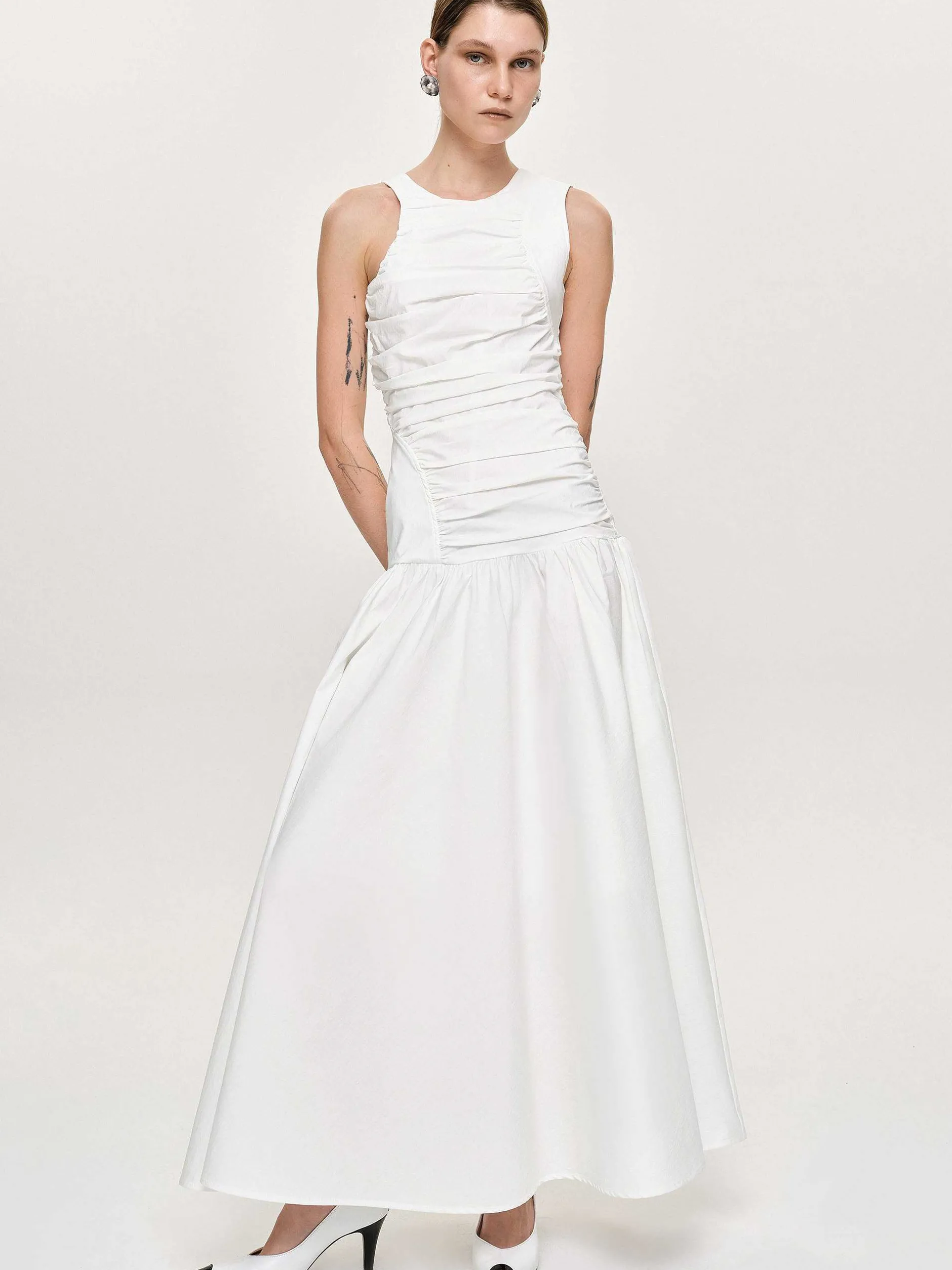 Accessories-Source Unknown Drop Waist Ruched Dress, Off White