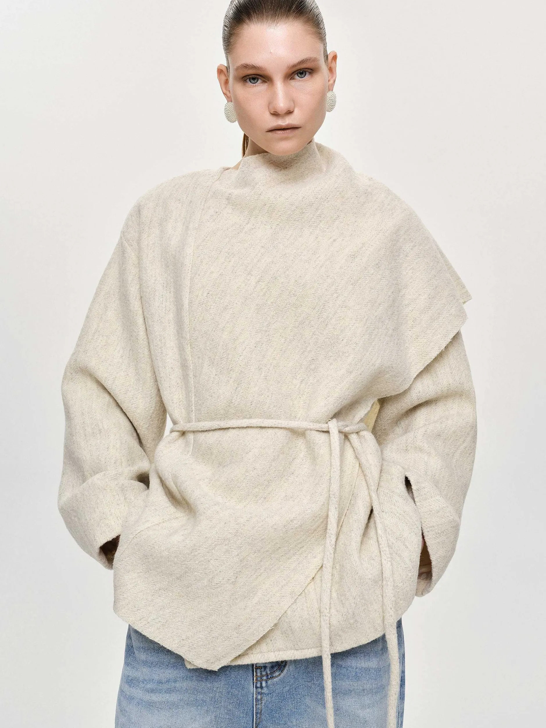 Accessories-Source Unknown Edmea Scarf-Detailed Jacket, Egret