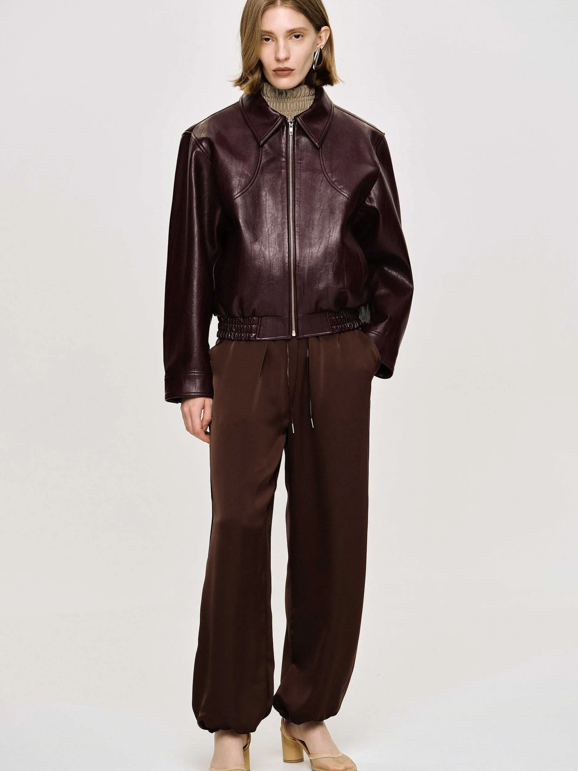 Accessories-Source Unknown Ennio Faux-Leather Bomber Jacket, Mahogany