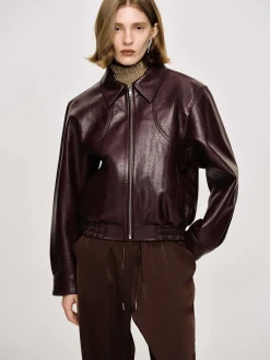 Accessories-Source Unknown Ennio Faux-Leather Bomber Jacket, Mahogany