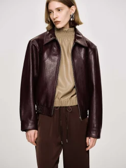 Accessories-Source Unknown Ennio Faux-Leather Bomber Jacket, Mahogany