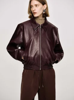 Accessories-Source Unknown Ennio Faux-Leather Bomber Jacket, Mahogany